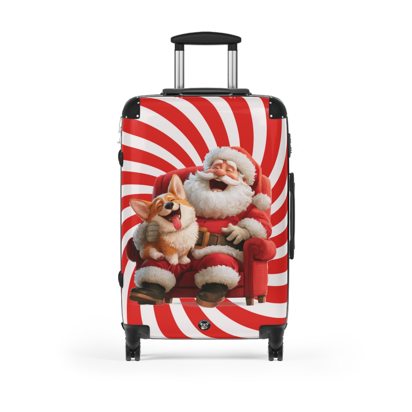 Christmas Corgi Sitting On Santa's Lap Suitcases — Holiday Luggage with Festive Candy-Cane Design