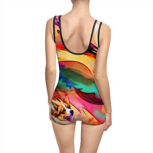 Motley Corgi Vintage One-Piece Swimsuit - Colorful Corgi Bathing Suit