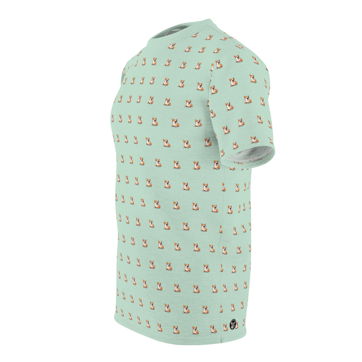 Sit Down Comedian Unisex Bold Designer Tee — Comical Corgi Repeater on Seafoam Sorbet