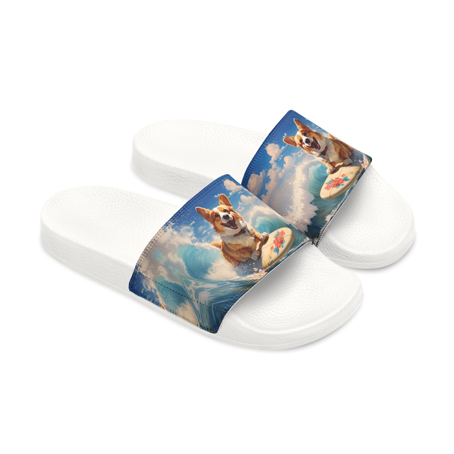 Cowabunga Corgi Big Blue Ocean Wave Men's Slide Sandals - Casual Pool & Beach Slides