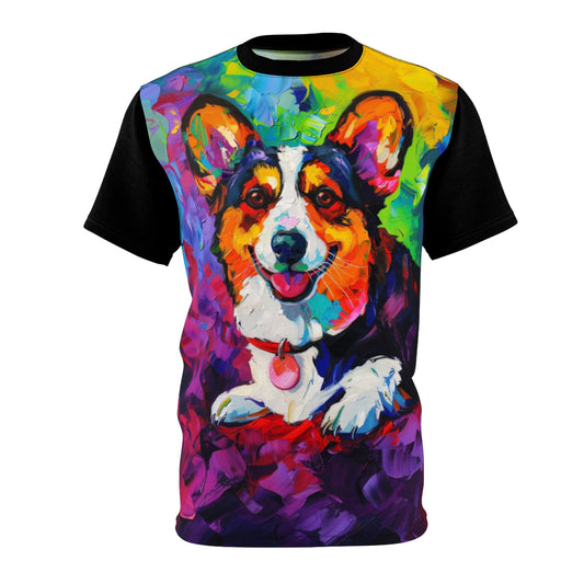 Color Me Corgi Unisex Bold Designer Tee - Capturing the Colorful Corgi Charisma with Phantom Black Sleeves