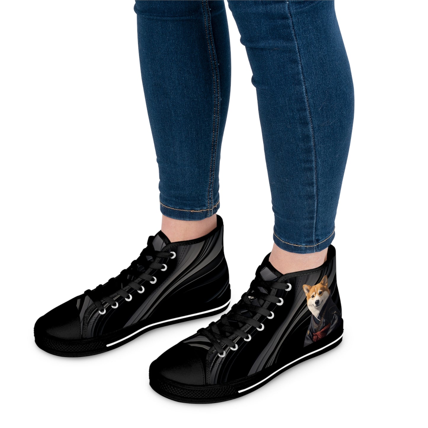 Samurai Corgi on a Black Wave Women's High Top Casual Canvas Sneakers