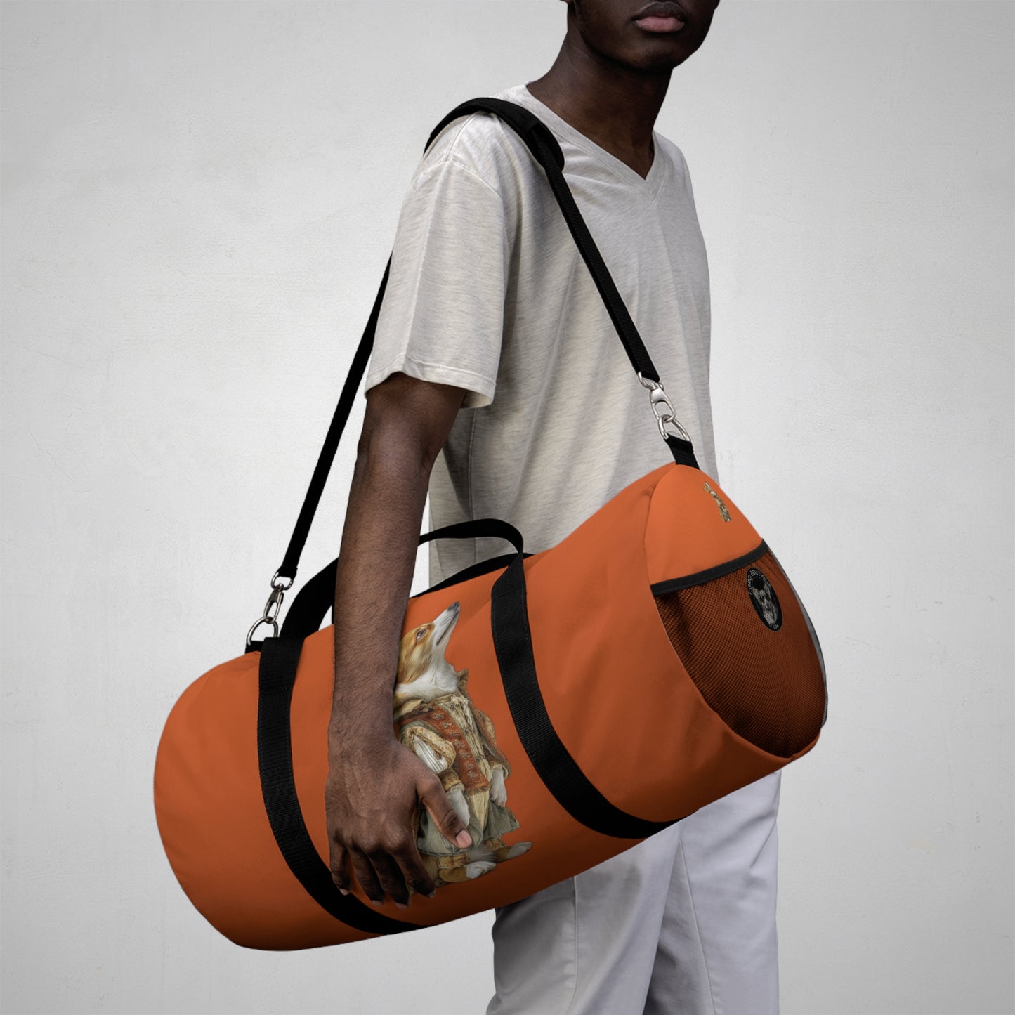 Prince Corgi Royal Duffel Bag - Monarch Themed Burnt Orange Travel Gym Bag