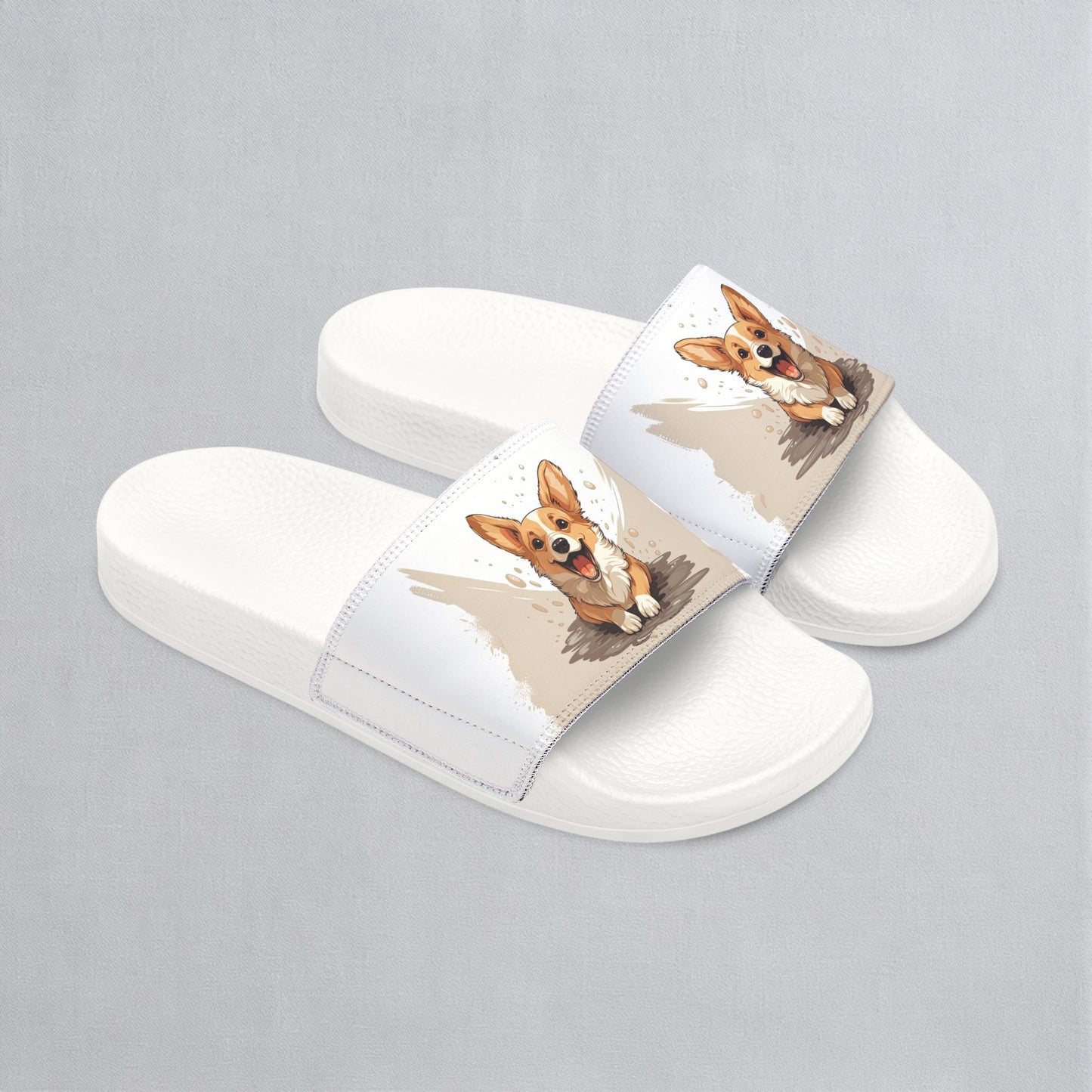 Corgi Cuteness Anime Print Women's Beige & White Slide Sandals - Casual Pool & Beach Slides
