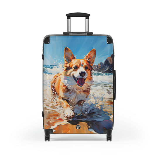 Coastal Corgi Beach Theme Suitcases — Corgi Running in the Waves Luggage