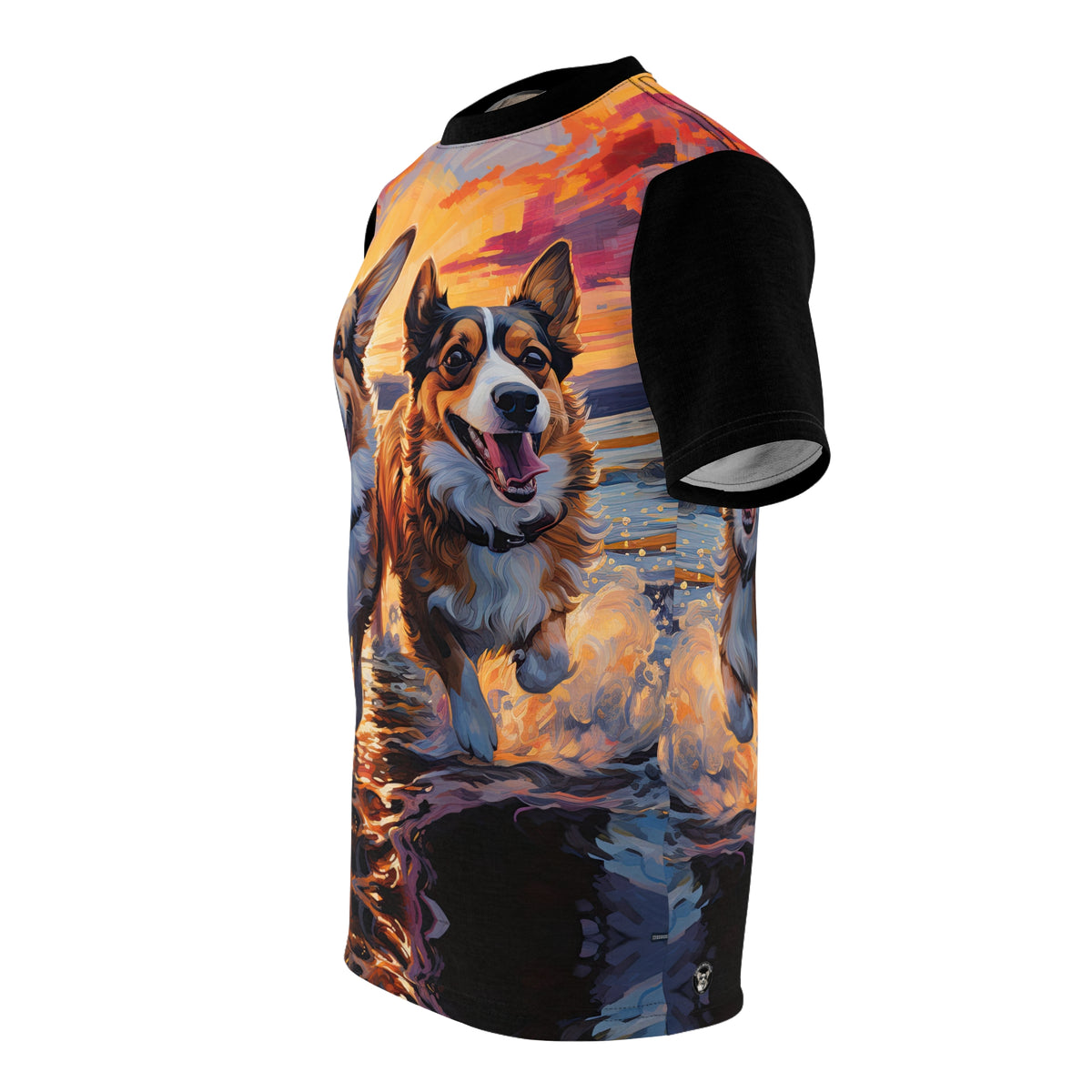 Beach Buds in the Swash Unisex Bold Fashion Tee - Corgis at the Shore with Phantom Black Sleeves