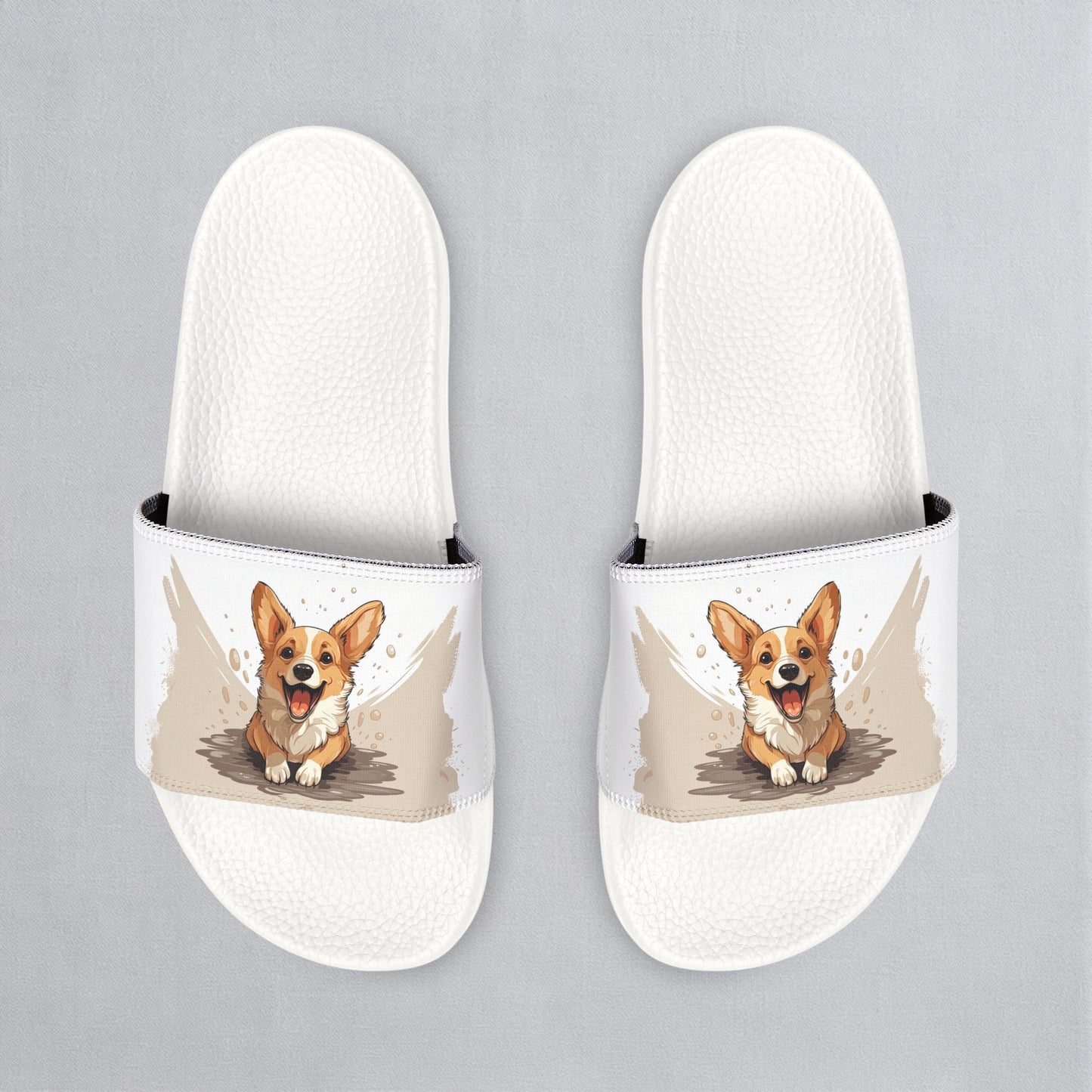 Corgi Cuteness Anime Print Women's Beige & White Slide Sandals - Casual Pool & Beach Slides