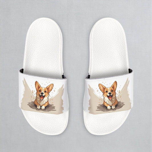 Corgi Cuteness Anime Print Women's Beige & White Slide Sandals - Casual Pool & Beach Slides
