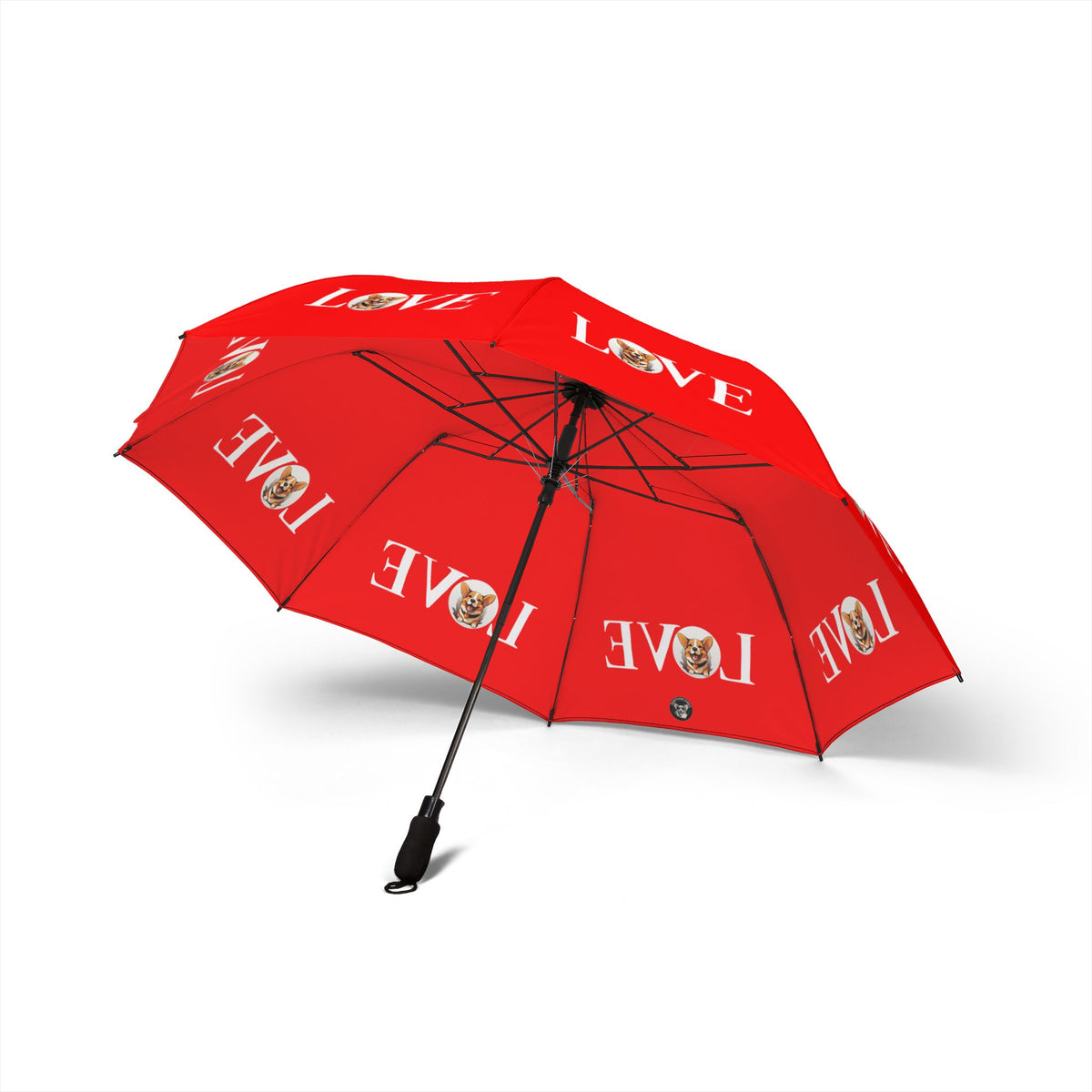 Corgi Love Red Foldable Umbrella — Compact Semi-Automatic Rain Parasol with Romantic Design