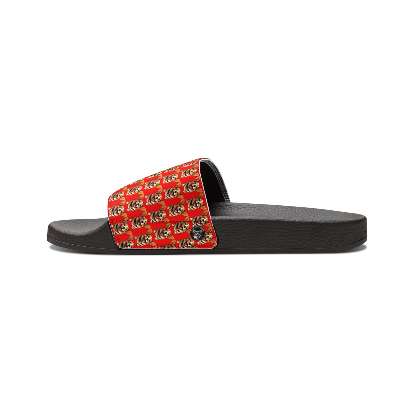 Puppy Love Smiling Corgi Mosaic Women's Casual Red & Black Slide Sandals - Pool & Beach Slides