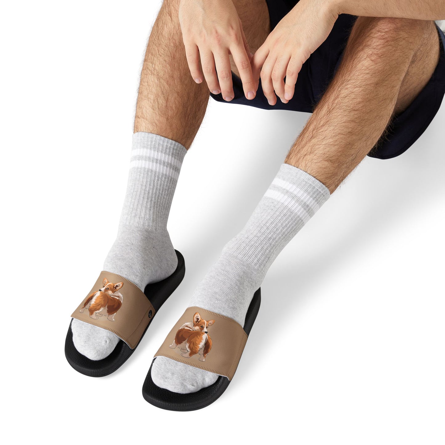 Butt What? Talk to the Butt Contemptuous Corgi Men's Tan Slide Sandals - Casual Pool & Beach Slides