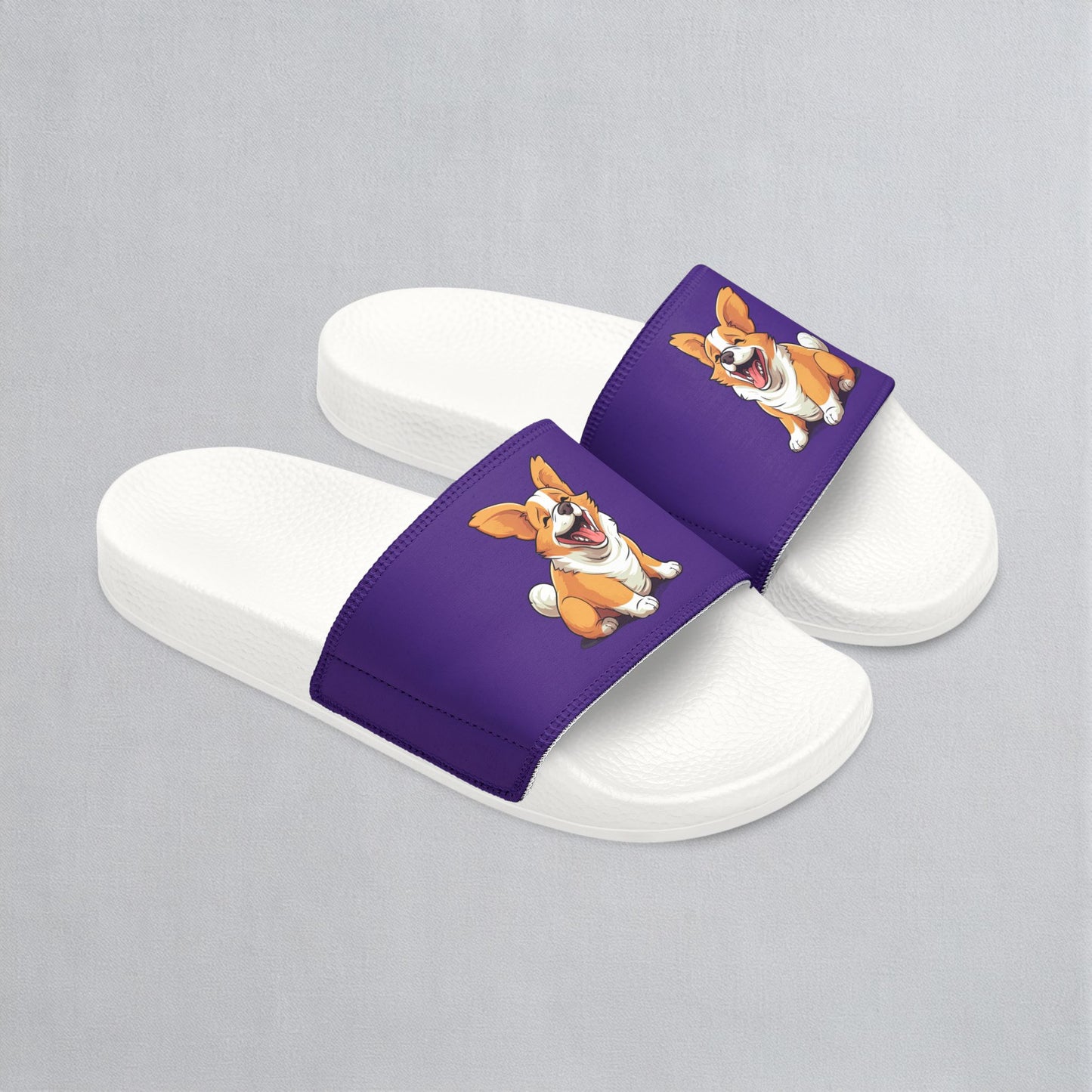 Jolly Jiggling Corgi Women's Purple Slide Sandals - Casual Pool & Beach Slides