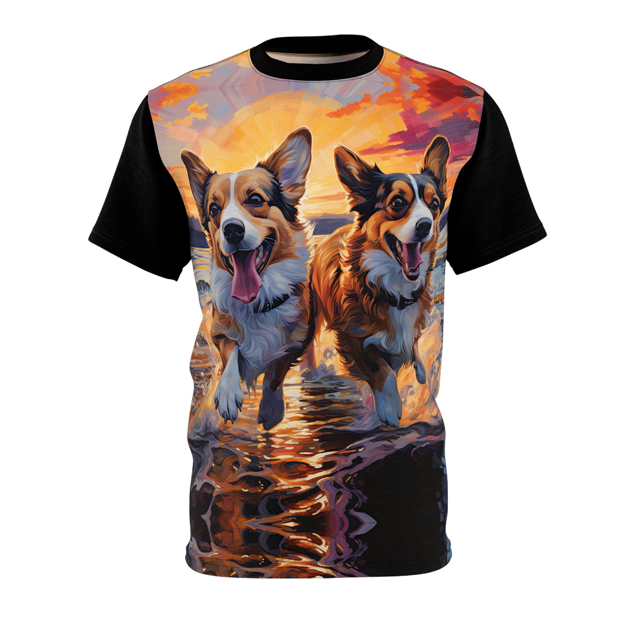 Beach Buds in the Swash Unisex Bold Fashion Tee - Corgis at the Shore with Phantom Black Sleeves