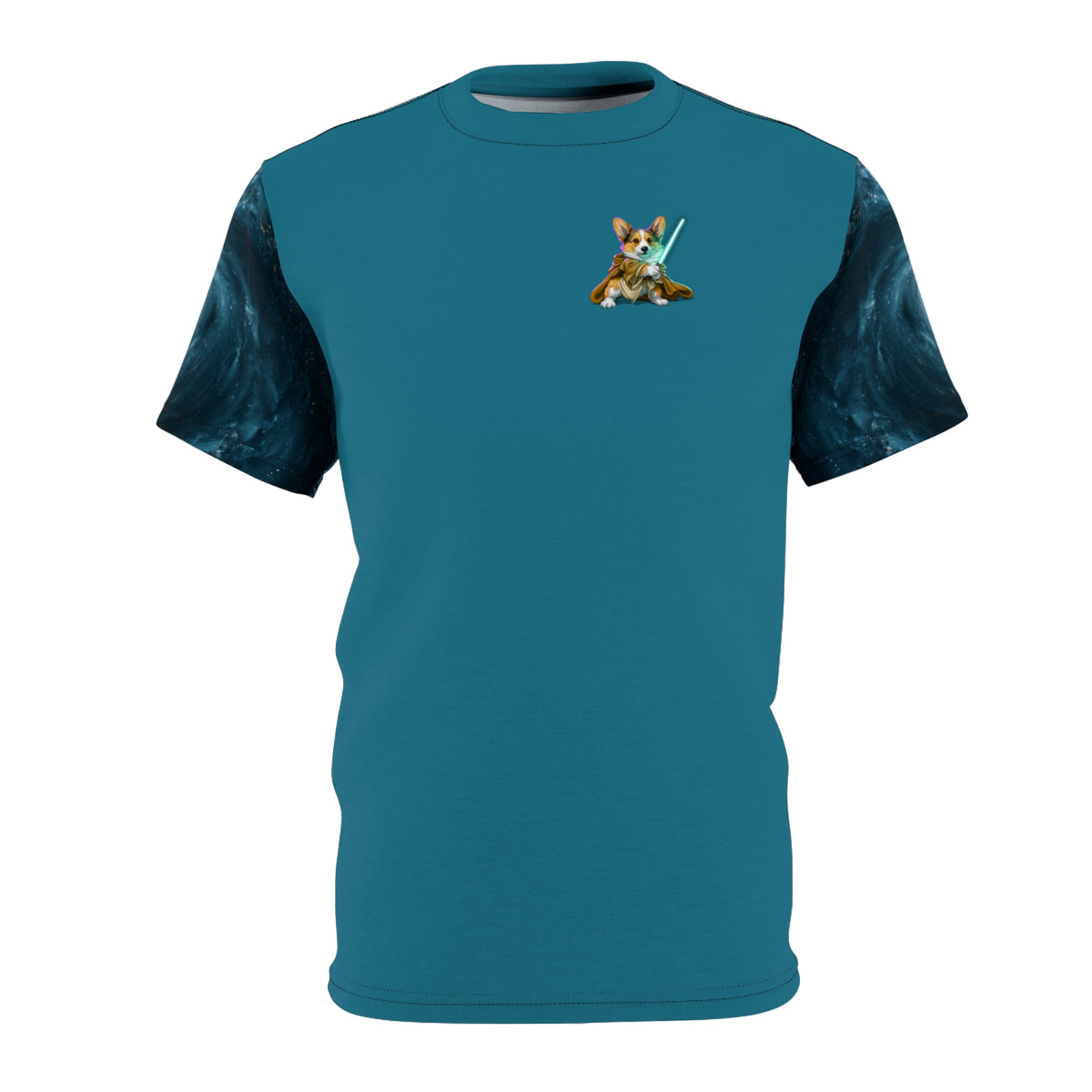 Astral Acolyte Unisex Bold Designer Tee — Corgi Neophyte on Andromeda Aqua with Galactic Swirl Sleeves (Part of the Astral Warrior Collection)