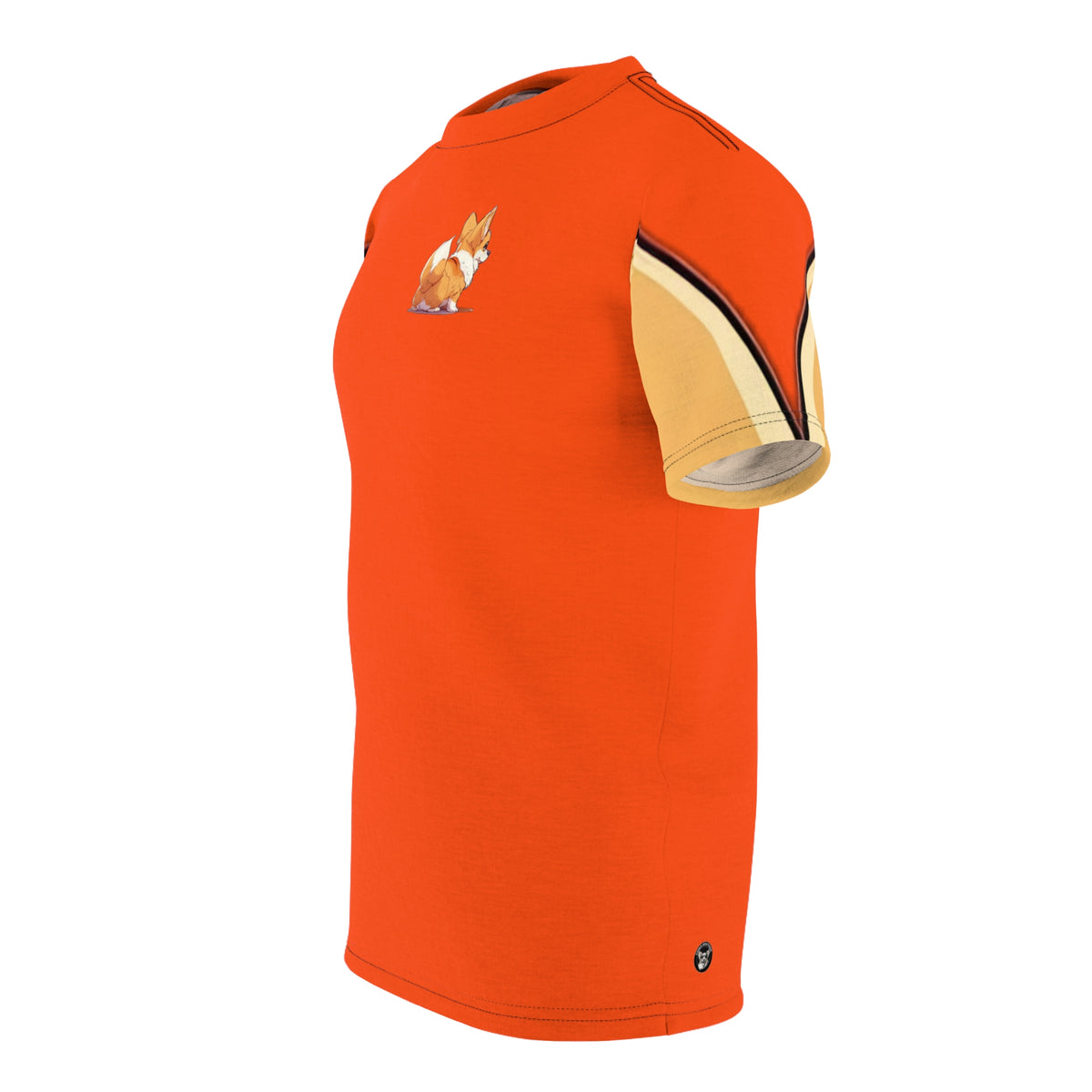 Patootie de Booty Unisex Bold Designer Tee - Corgi Butt Strut on Molten Magma with Earthen Sleeve Accents