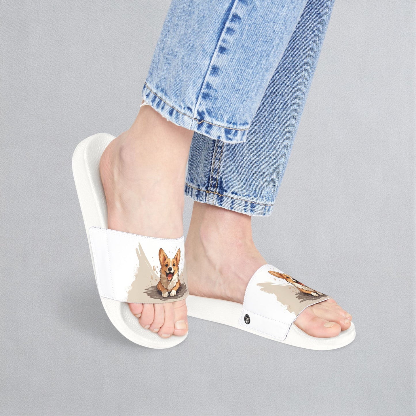 Corgi Cuteness Anime Print Women's Beige & White Slide Sandals - Casual Pool & Beach Slides