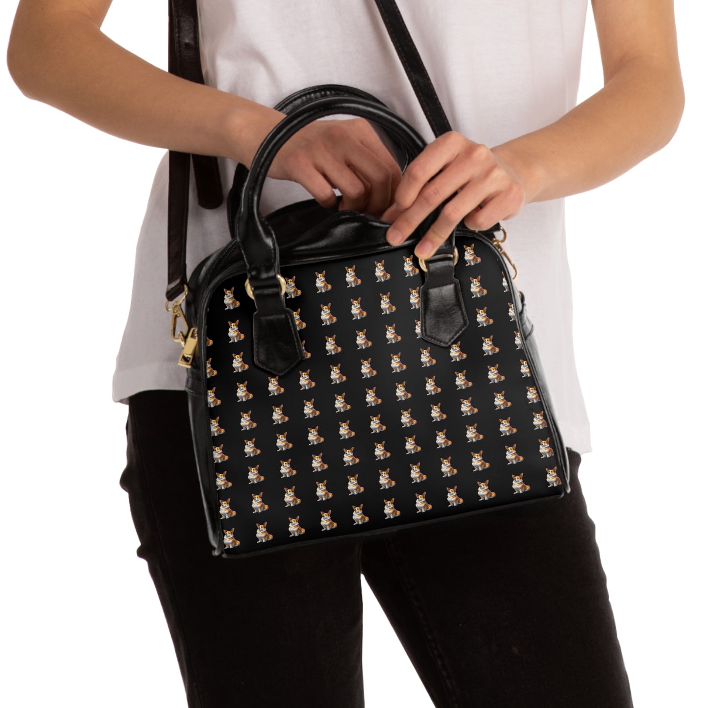 Boss Dog Corgi Artistic Portrait Mosaic Pattern Black Shoulder Handbag