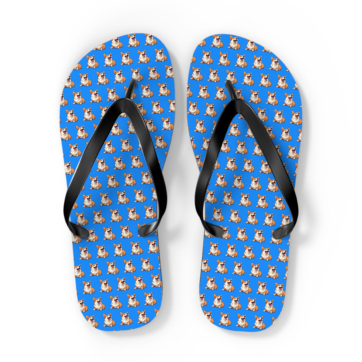 Comical Corgi All Smiles Repeater Pattern Artistic Unisex Flip Flops — Cute & Funny Corgi Themed Blue Sandals