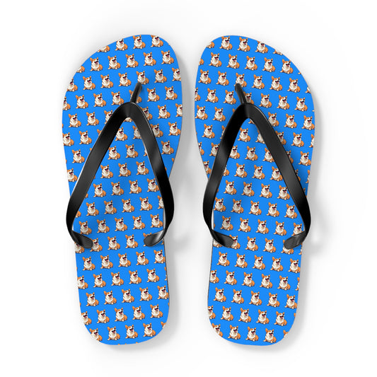 Comical Corgi All Smiles Repeater Pattern Artistic Unisex Flip Flops — Cute & Funny Corgi Themed Blue Sandals