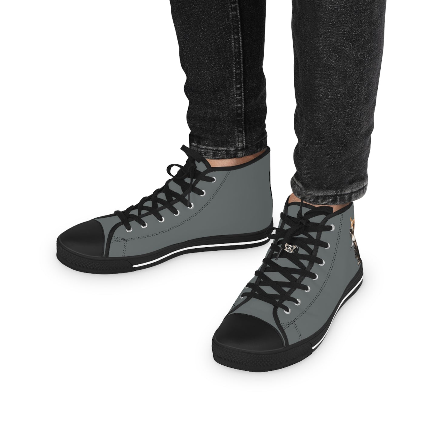 Leader of the Pack Men's High Top Casual Dark Gray Canvas Sneakers with a Leather-Clad Corgi