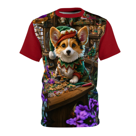 Santa's Little Helper Unisex Bold Designer Tee - Corgi Elf in the Workshop with Rudolph Red Sleeves (Part of the Holiday Collection)