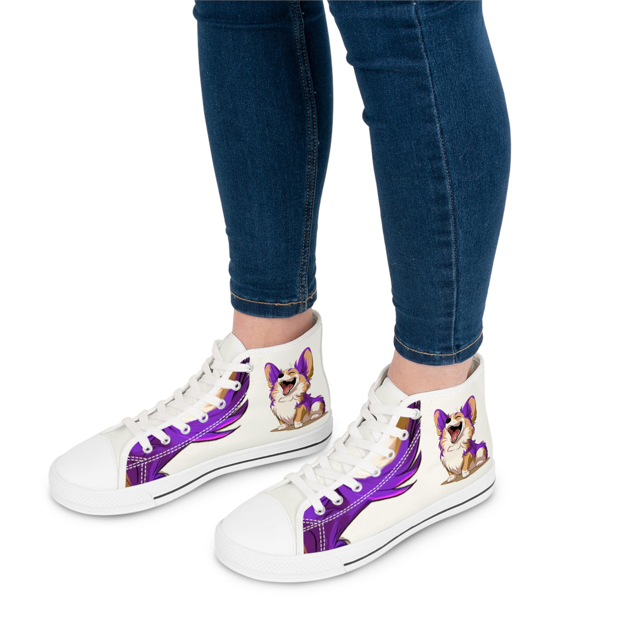 Purple Patch Women's High-Top Sneakers - Carefree Corgi on Marzipan White Canvas with Very Violet Fur-Effect Accents
