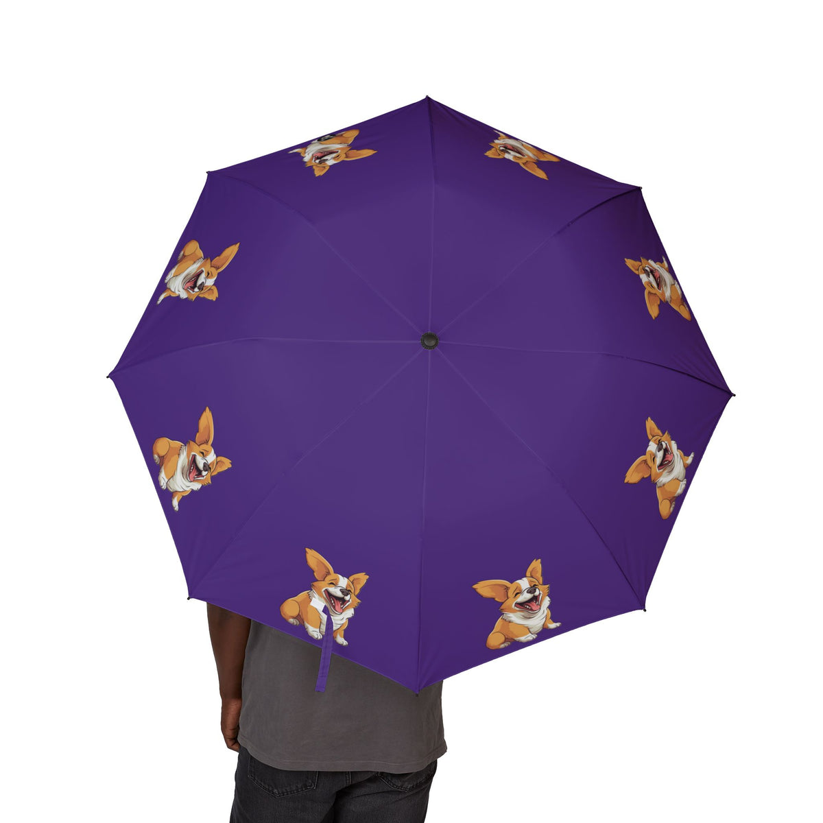 Jolly Jiggling Animated Corgi Foldable Umbrella — Compact Semi‑Automatic Purple Rain Parasol