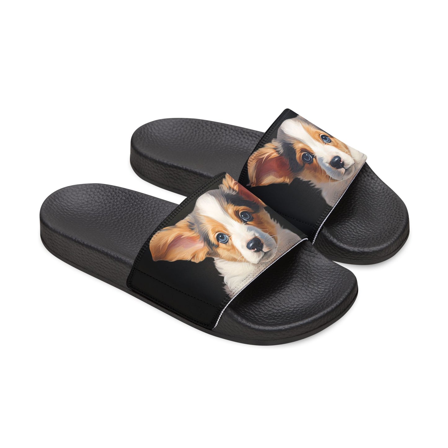 Puppy Dog Eyes Corgi Portrait Men's Black Slide Sandals - Casual Pool & Beach Slides