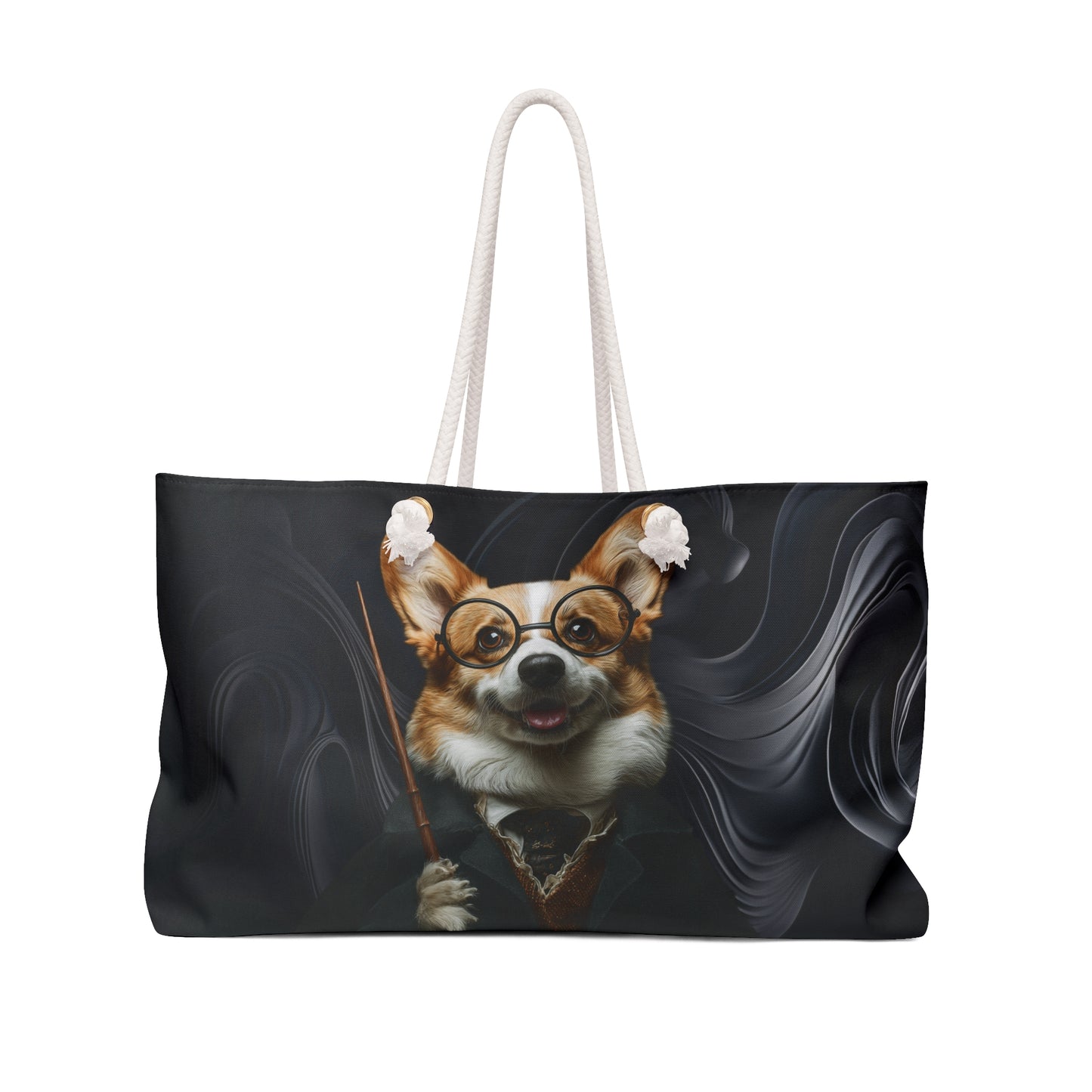 Corgi Potter Magic Wand Weekender Beach Bag – Wizard Themed Swirling Black Travel Tote