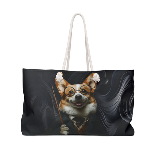 Corgi Potter Magic Wand Weekender Beach Bag – Wizard Themed Swirling Black Travel Tote