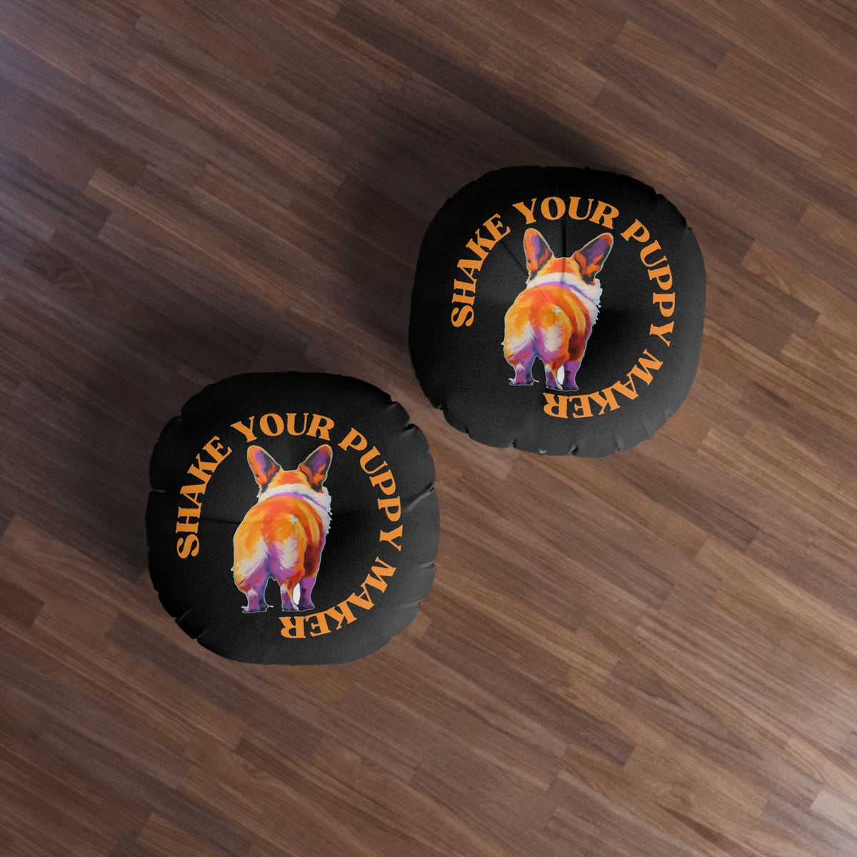 Shake Your Puppy Maker Round Floor Pillow — Black Corgi Butt Accent Cushion