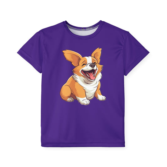 Jolly Jiggling Animated Corgi Kid's Purple Sports Tee