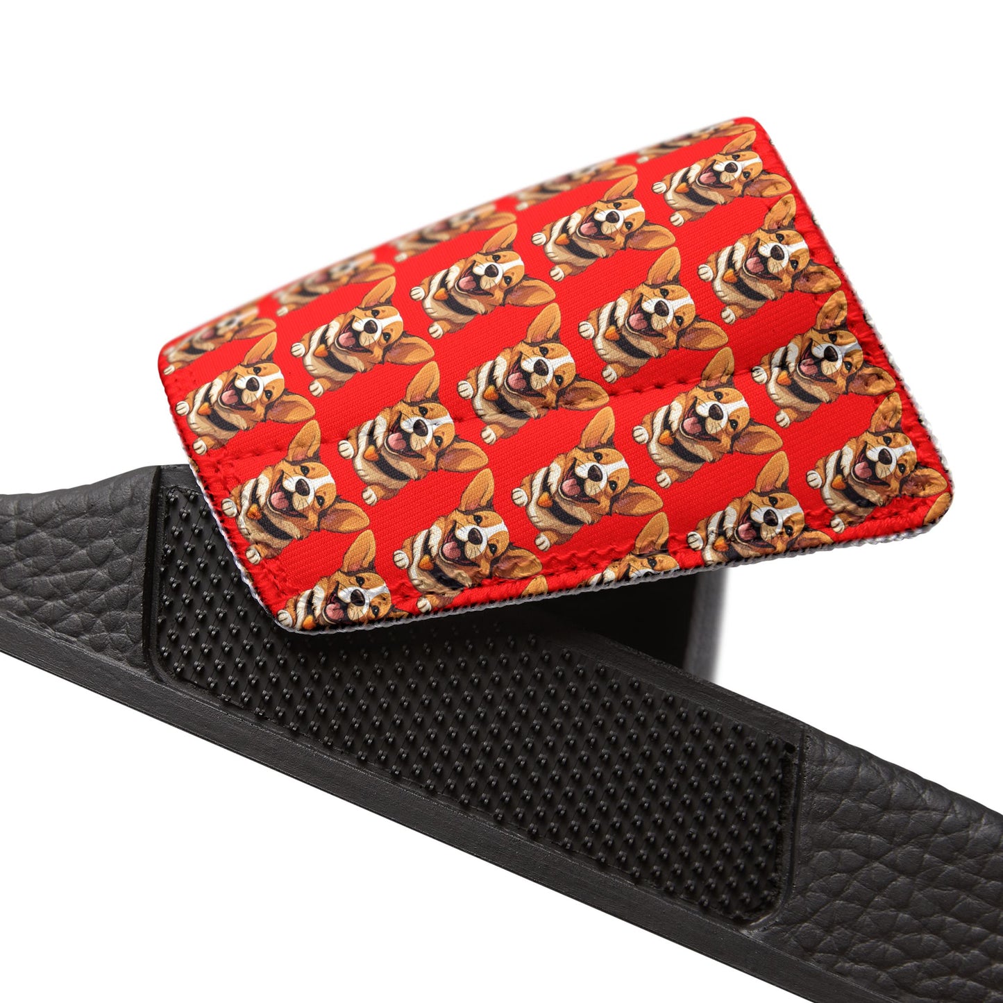 Puppy Love Smiling Corgi Mosaic Women's Casual Red & Black Slide Sandals - Pool & Beach Slides