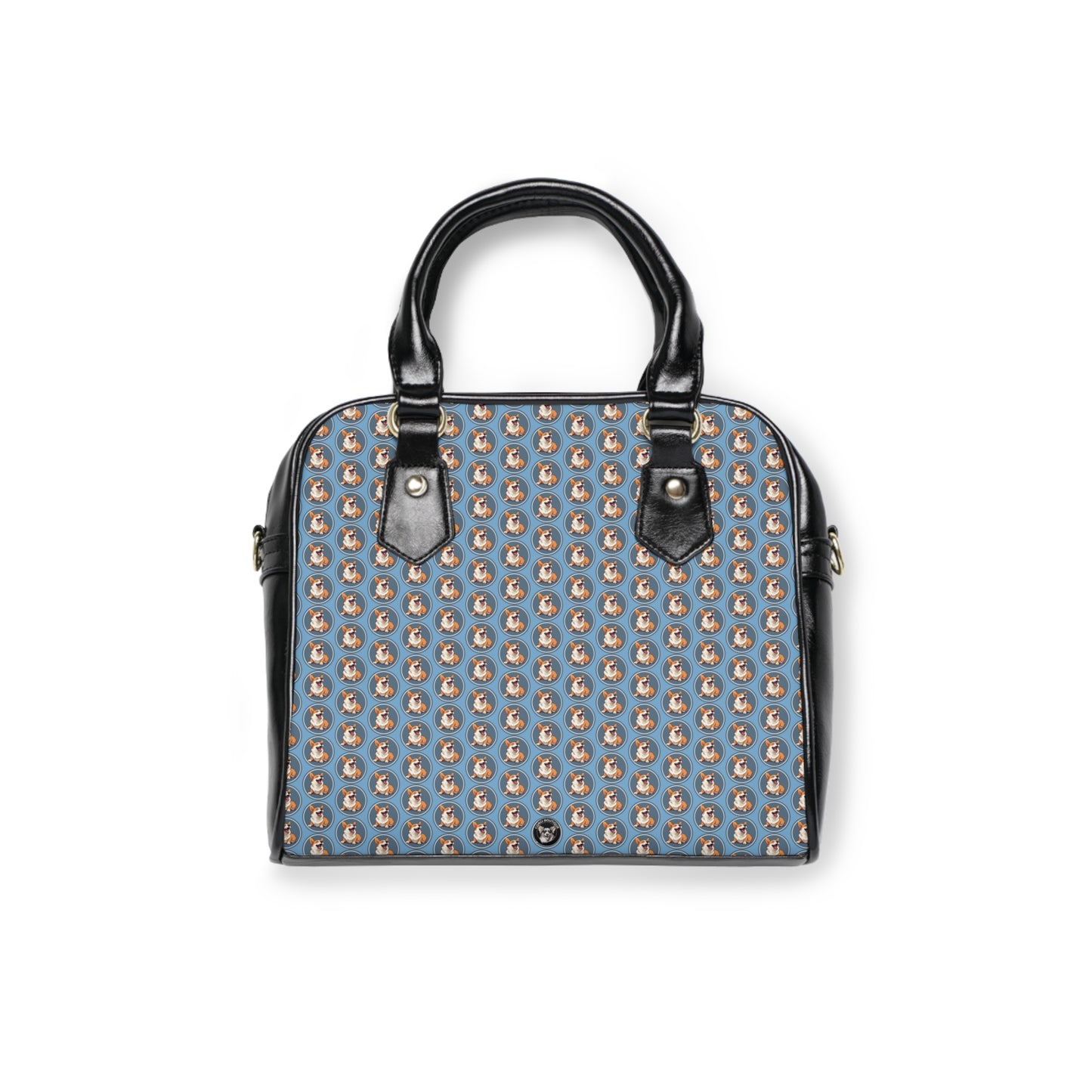Comical Corgi All Smiles Dot Pattern Blue & Black Shoulder Handbag