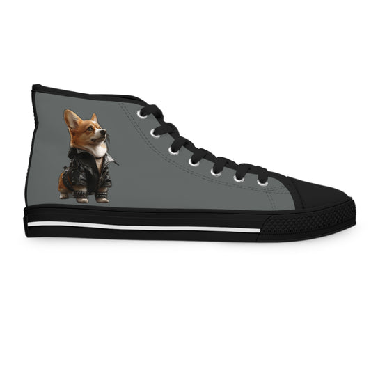 Leader of the Pack Women's High Top Casual Dark Gray Canvas Sneakers with a Leather-Clad Corgi
