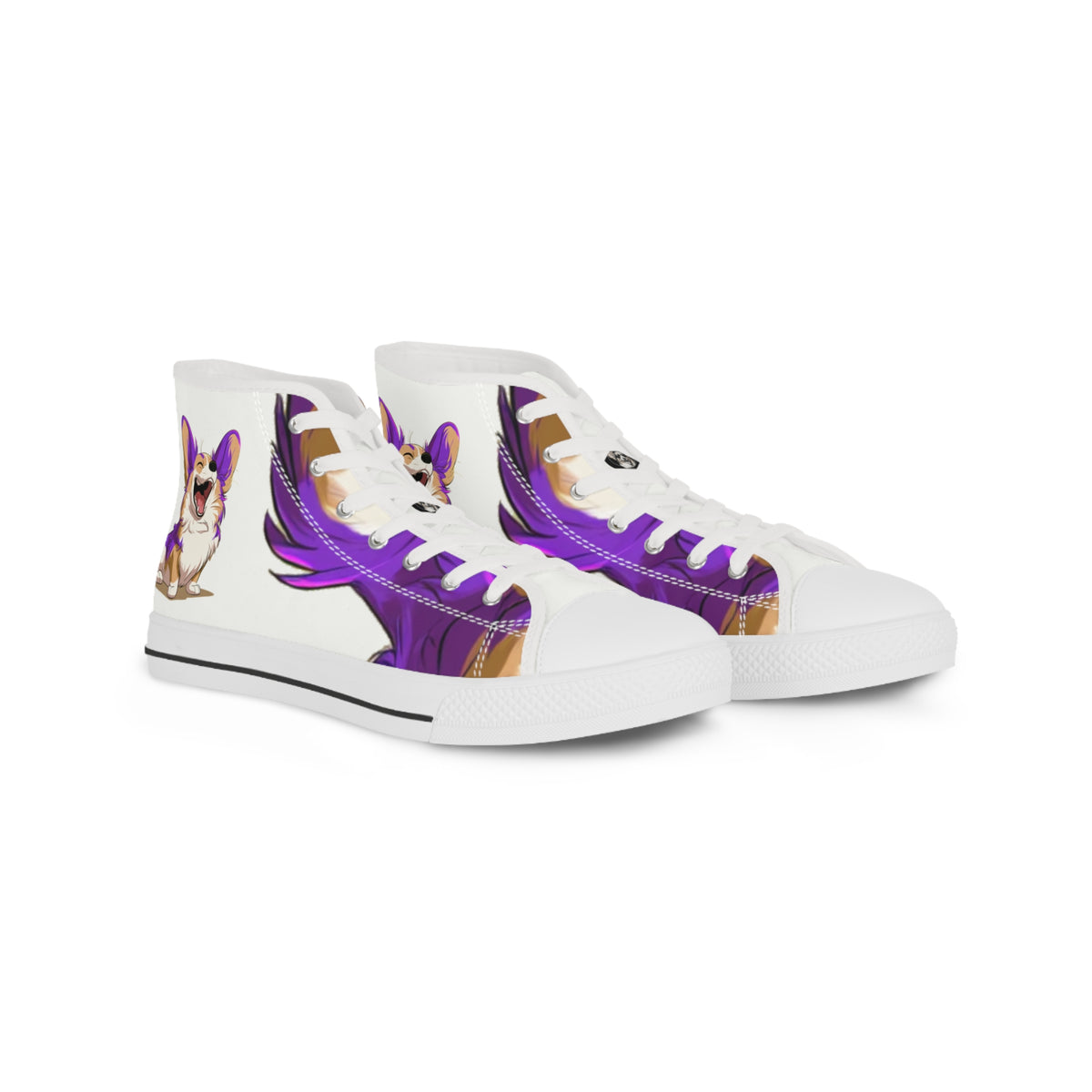 Purple Patch Men's High-Top Sneakers - Carefree Corgi on Marzipan White Canvas with Very Violet Fur-Effect Accents