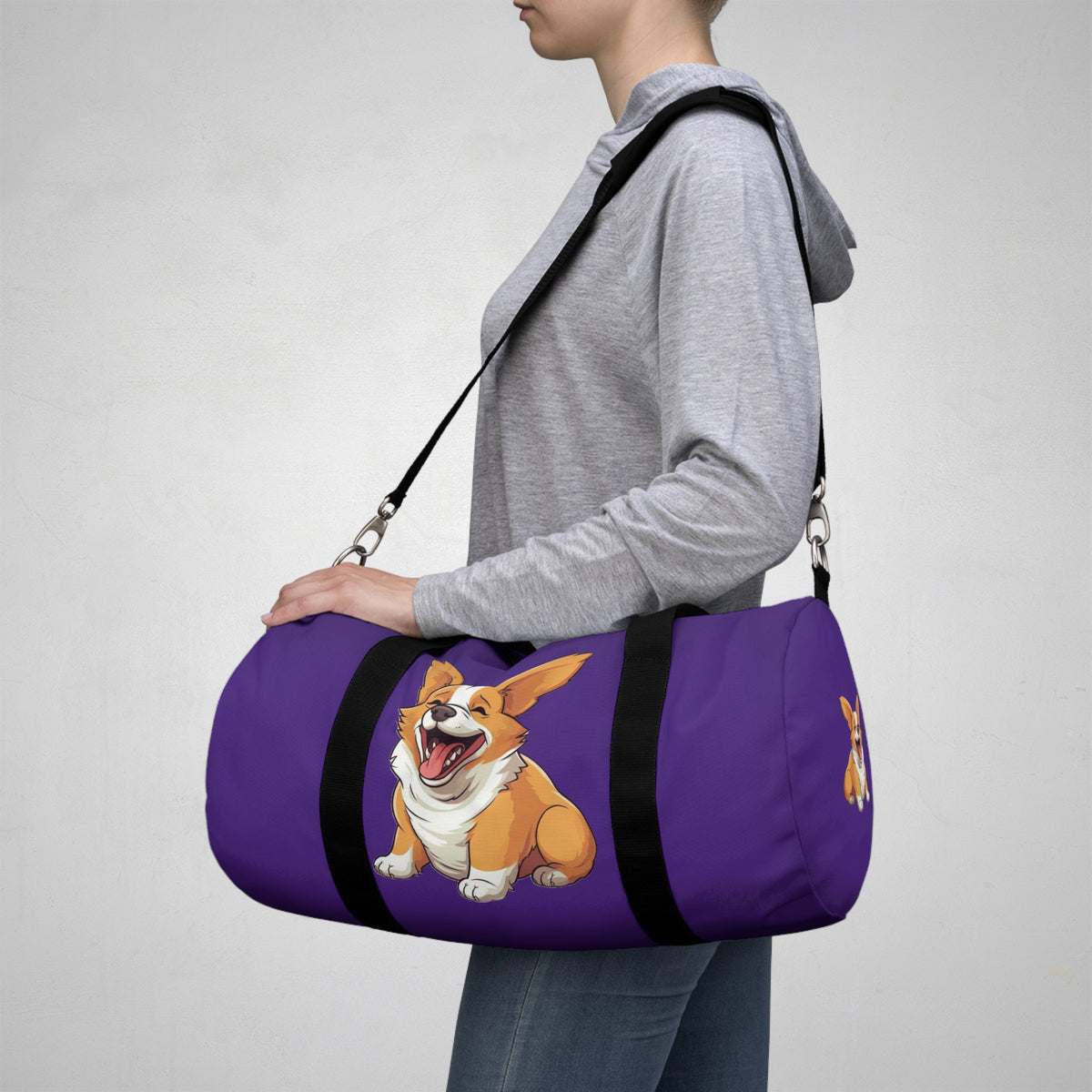 Jolly Jiggling Animated Corgi Duffel Bag - Cute Purple Corgi Travel Gym Bag