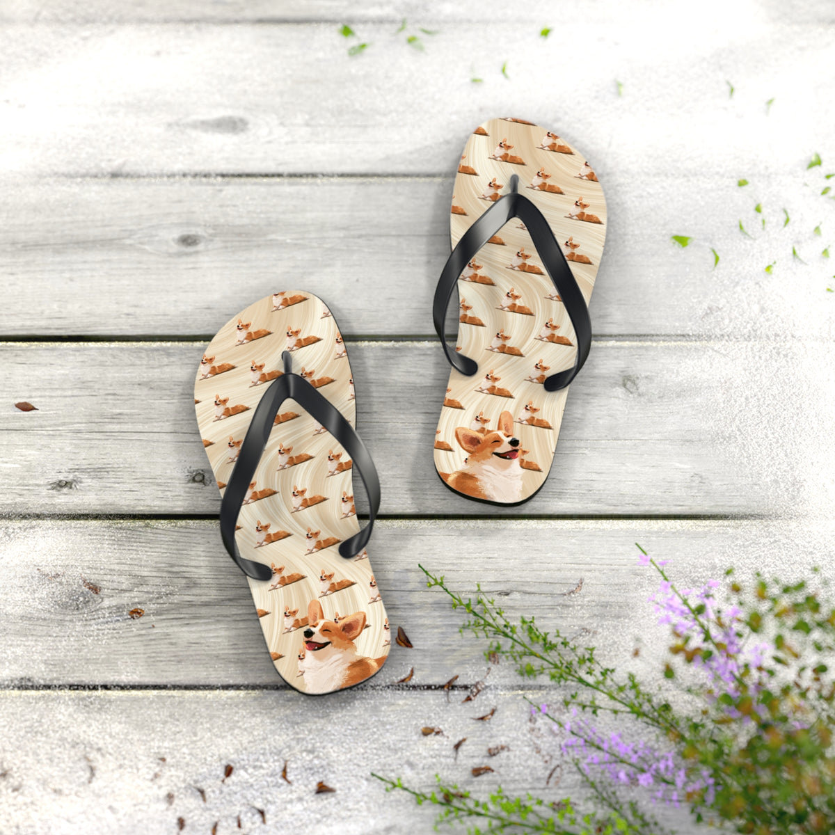 Giddy Sploot Unisex Flip-Flops - Creamy Champagne Corgi Sandals