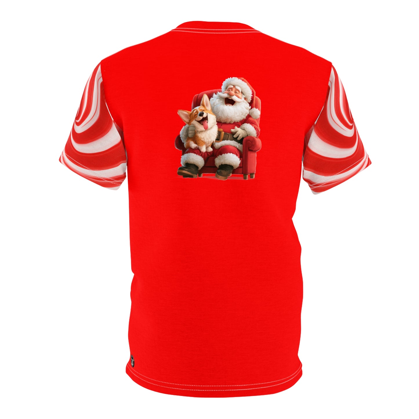 Christmas Corgi Sitting on Santa's Lap Unisex Bold Fashion Tee — Red Holiday Short-Sleeve Shirt