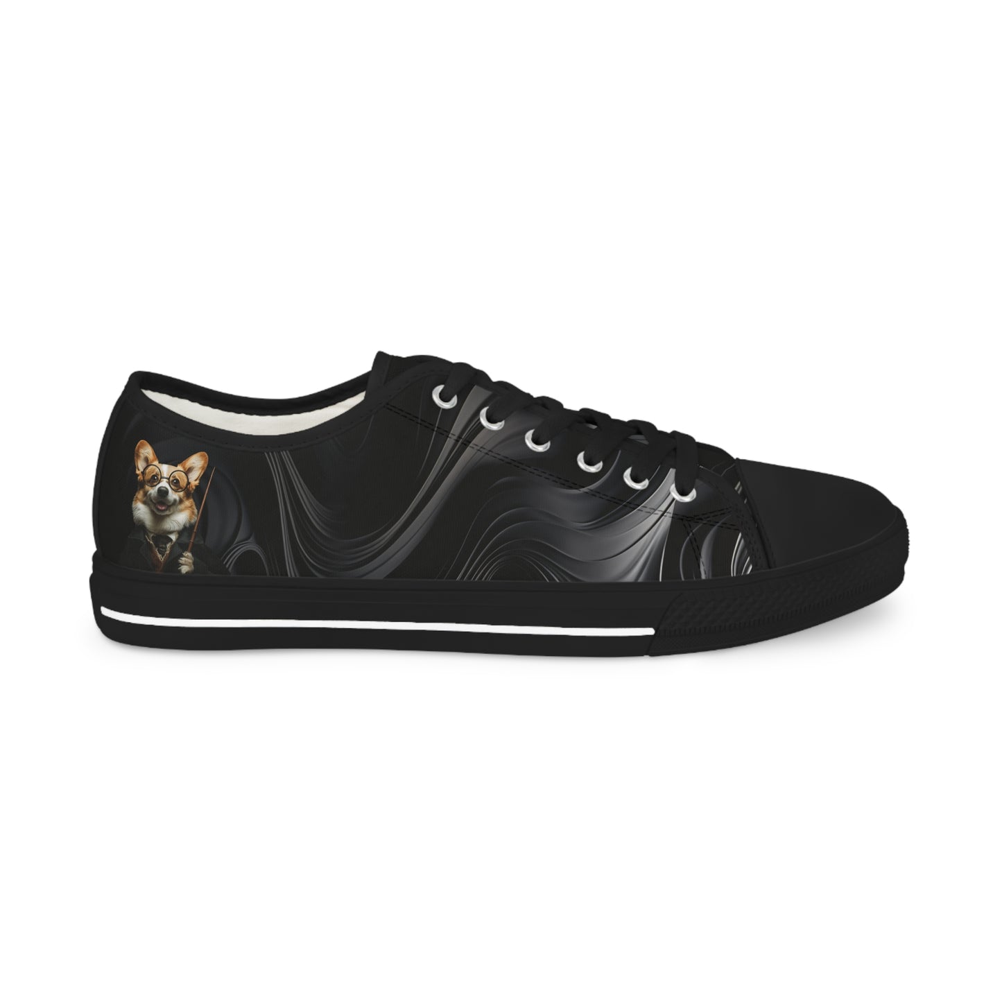 Corgi Potter Magic Wand Men's Low Top Casual Black Swirl Canvas Sneakers