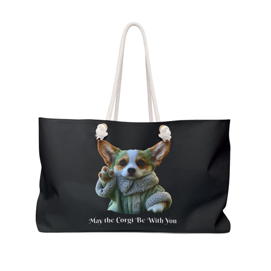 May the Corgi Be With You Weekender Beach Bag – Baby Corgi Star Warrior Themed Travel Tote