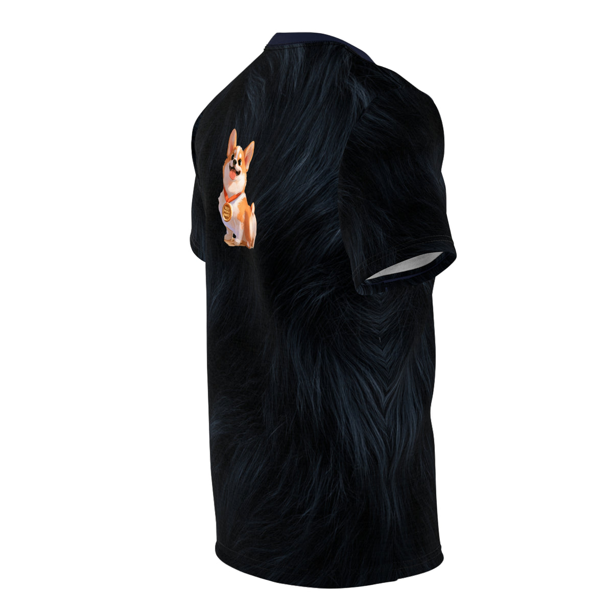 Gold Medal Momo Unisex Bold Designer Tee - Corgi Honor on Monarch Navy with Flowing Fur-Effect