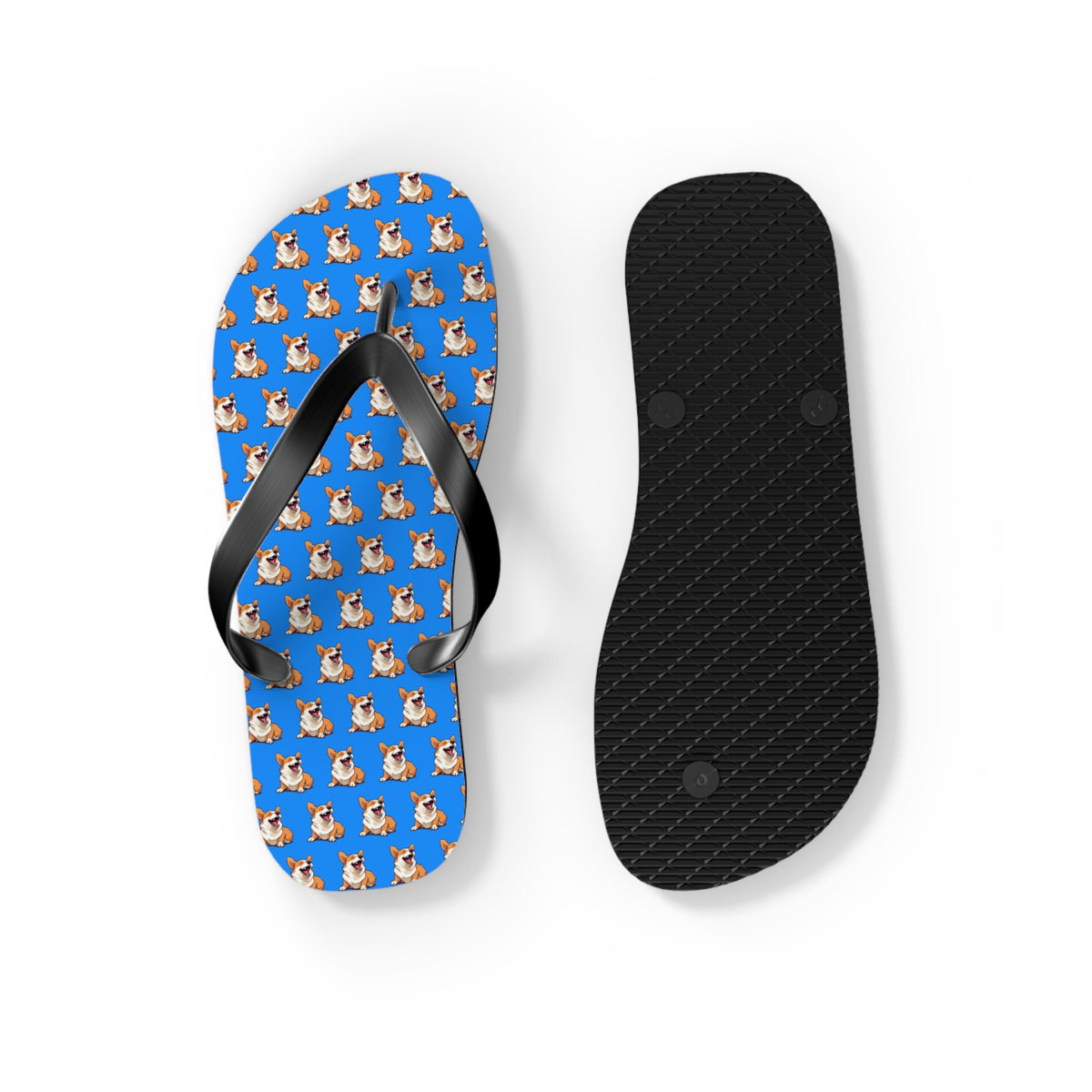 Comical Corgi All Smiles Repeater Pattern Artistic Unisex Flip Flops — Cute & Funny Corgi Themed Blue Sandals