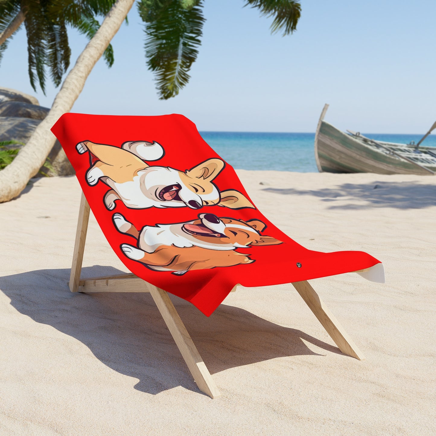 Best Mates Smiling Corgi Pals Red Beach Towel — Exclusive Laughing Corgis Illustration