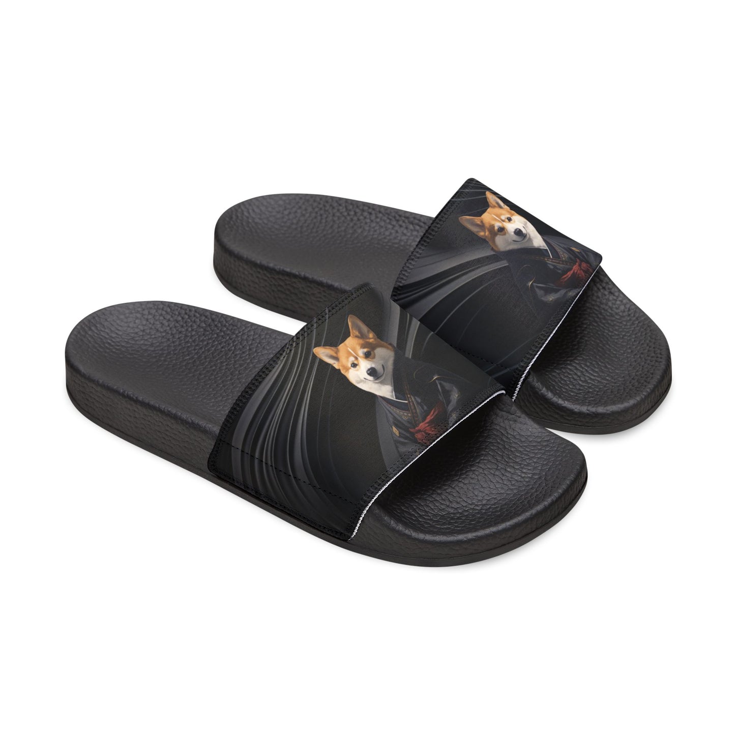 Samurai Corgi on a Black Wave Men's Slide Sandals - Casual Pool & Beach Slides