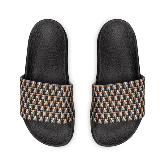 Puppy Corgi Portrait Mosaic Men's Black Slide Sandals - Casual Pool & Beach Slides