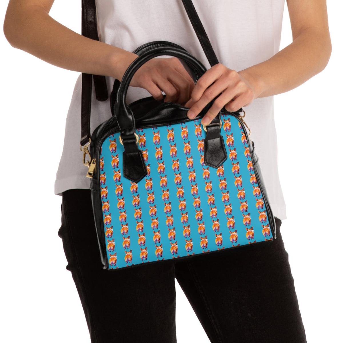Corgi Butt Stripes Artistic Portrait Blue & Black Shoulder Handbag