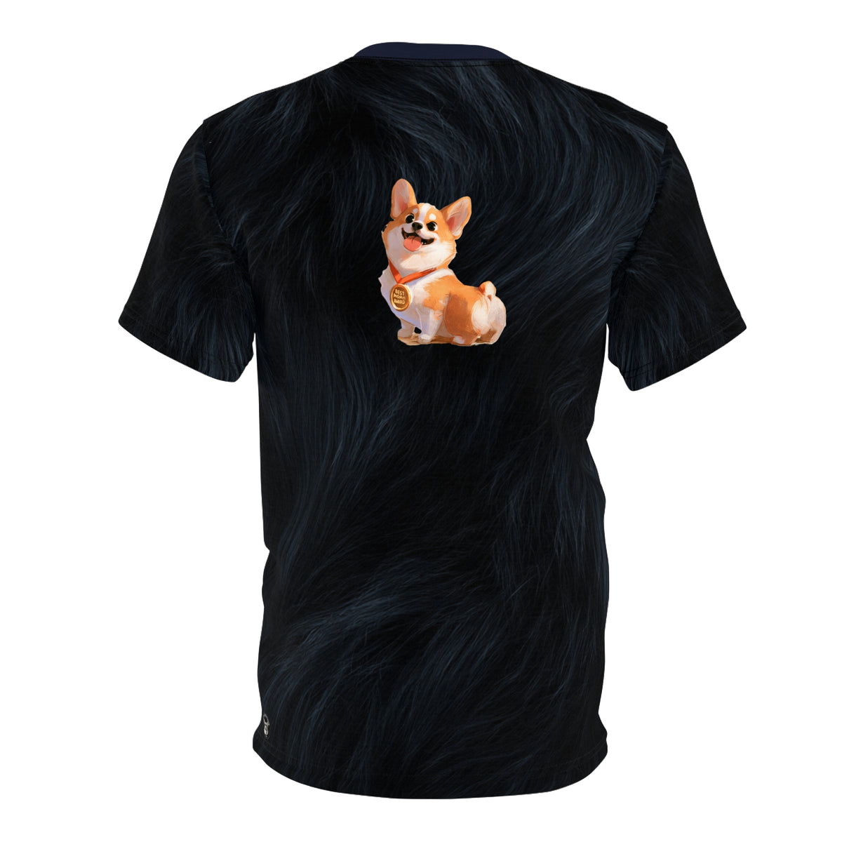 Gold Medal Momo Unisex Bold Designer Tee - Corgi Honor on Monarch Navy with Flowing Fur-Effect