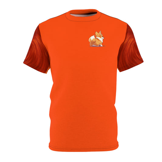 Cutie Booty Unisex Bold Designer Tee - Corgi Butt Strut on Volcanic Orange with Flowing Lava Sleeves