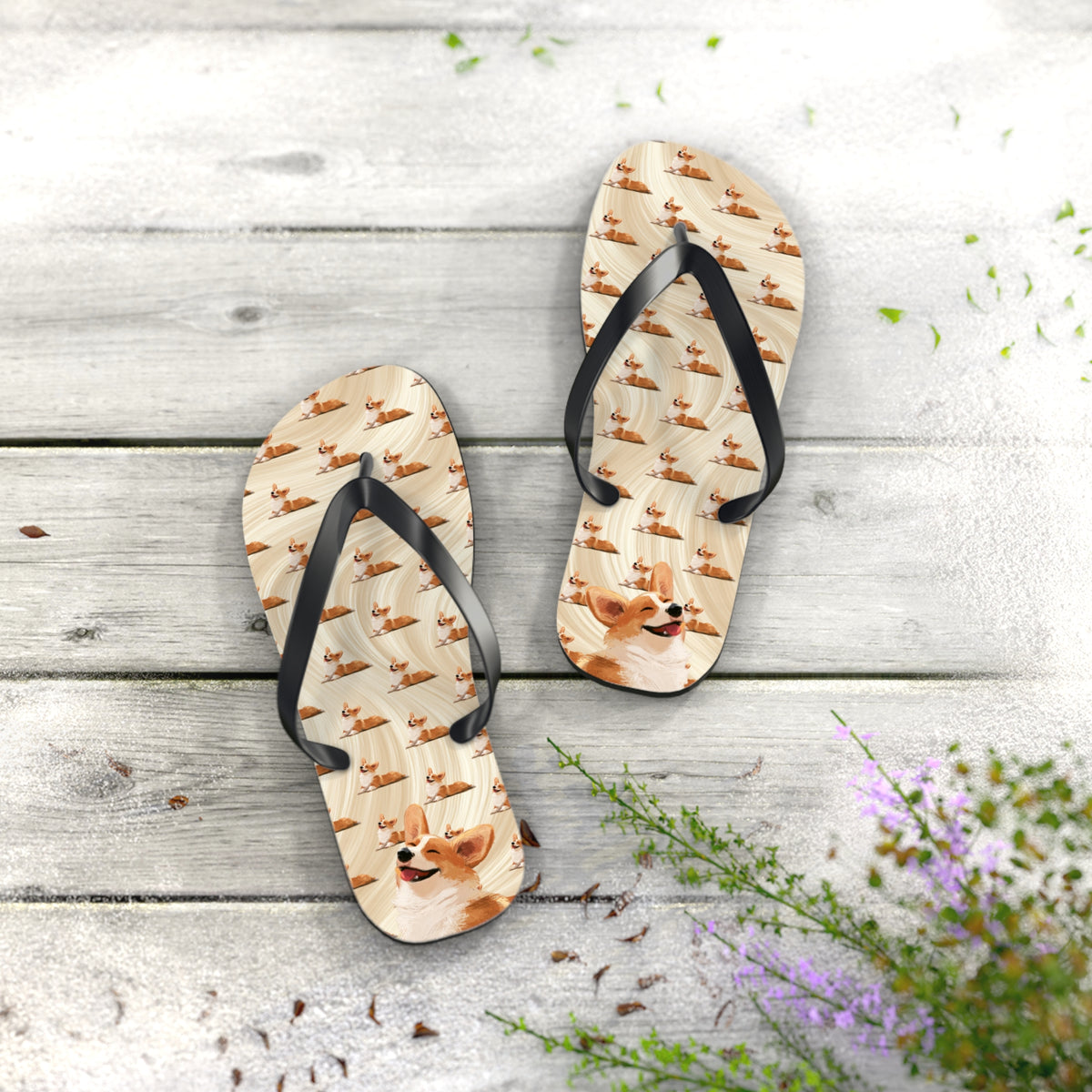 Giddy Sploot Unisex Flip-Flops - Creamy Champagne Corgi Sandals